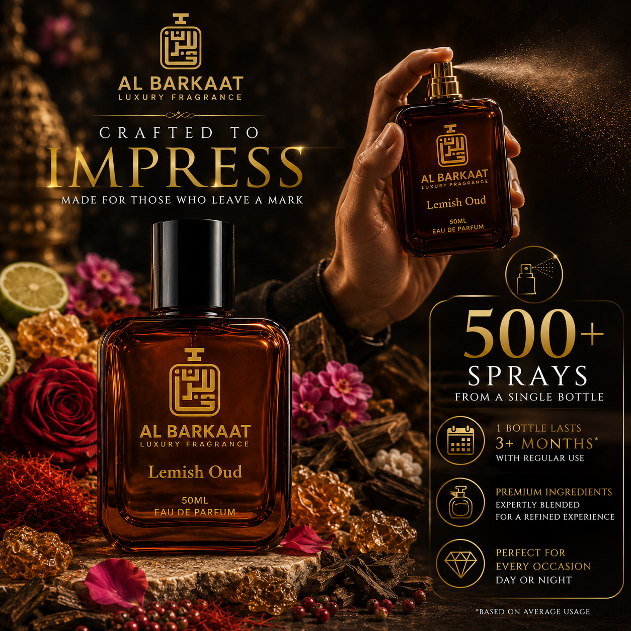 Lemish Oud Parfum 50ML | Rich Arabic Woody Oud & Spicy Fragrance | For Men & Women