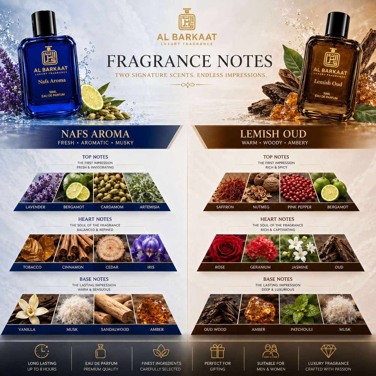 AL BARKAAT Premium Perfume Gift Set | Nafs Aroma + Lemish Oud | 2 x 50ML Eau De Parfum